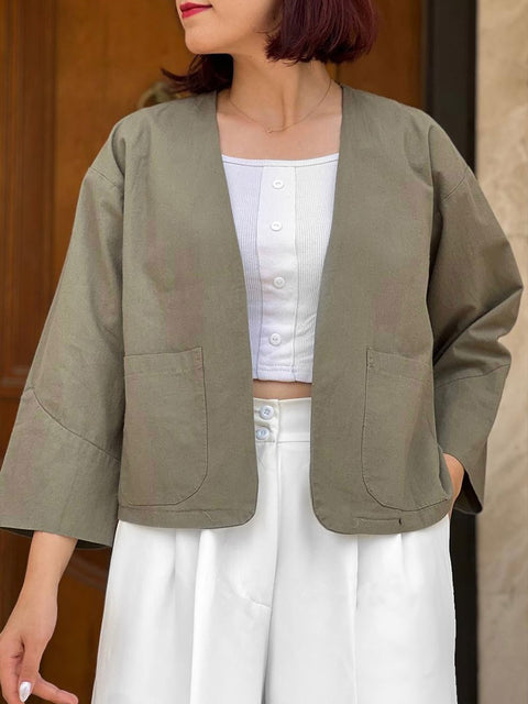 Women's Solid Color V-Neck 3/4 Sleeve Casual Cotton and Linen Loose Cardigan Top