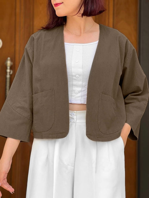 Women's Solid Color V-Neck 3/4 Sleeve Casual Cotton and Linen Loose Cardigan Top