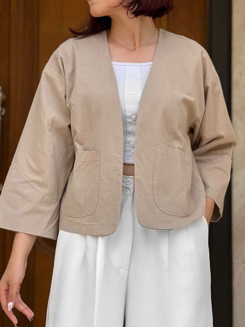 Women's Solid Color V-Neck 3/4 Sleeve Casual Cotton and Linen Loose Cardigan Top