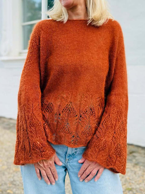 Women's Solid Color Round Neck Long Sleeve Casual Loose Hollow Splicing Sweater
