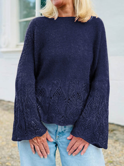 Women's Solid Color Round Neck Long Sleeve Casual Loose Hollow Splicing Sweater