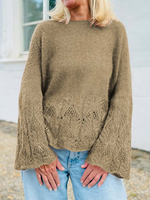 Women's Solid Color Round Neck Long Sleeve Casual Loose Hollow Splicing Sweater