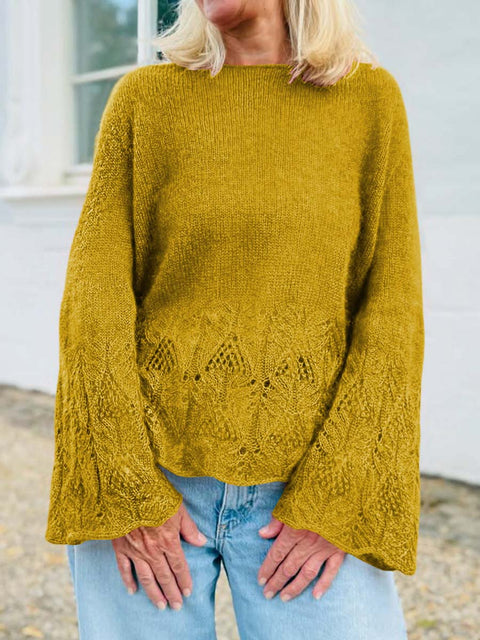 Women's Solid Color Round Neck Long Sleeve Casual Loose Hollow Splicing Sweater