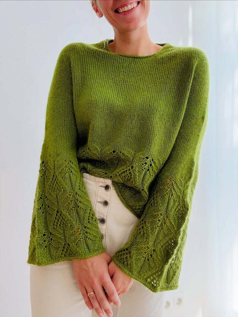 Women's Solid Color Round Neck Long Sleeve Casual Loose Hollow Splicing Sweater