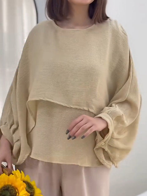 Women's Round Neck 3/4 Sleeve Casual Loose Solid Color Cotton and Linen Two-Piece Top