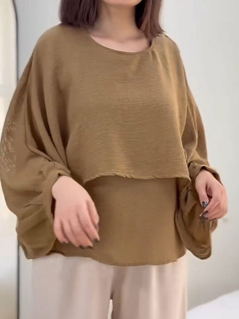 Women's Round Neck 3/4 Sleeve Casual Loose Solid Color Cotton and Linen Two-Piece Top