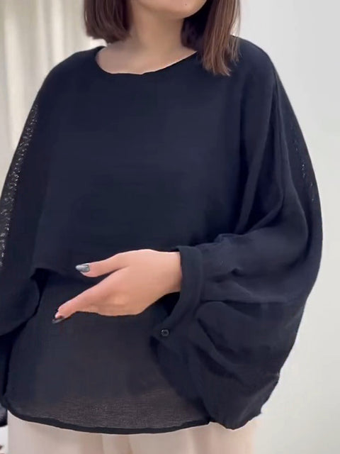 Women's Round Neck 3/4 Sleeve Casual Loose Solid Color Cotton and Linen Two-Piece Top