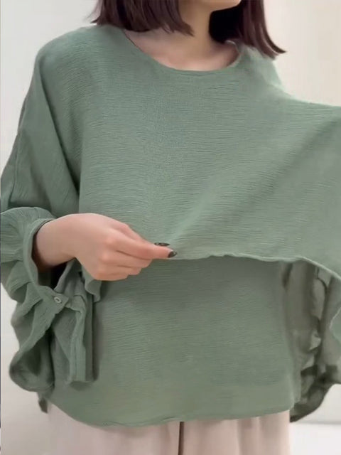 Women's Round Neck 3/4 Sleeve Casual Loose Solid Color Cotton and Linen Two-Piece Top