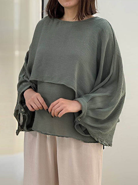 Women's Round Neck 3/4 Sleeve Casual Loose Solid Color Cotton and Linen Two-Piece Top