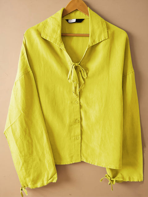 Women's Solid Color Lapel Tie-Neck Long Sleeve Casual Cotton and Linen Shirt