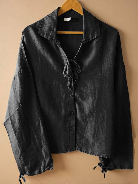 Women's Solid Color Lapel Tie-Neck Long Sleeve Casual Cotton and Linen Shirt