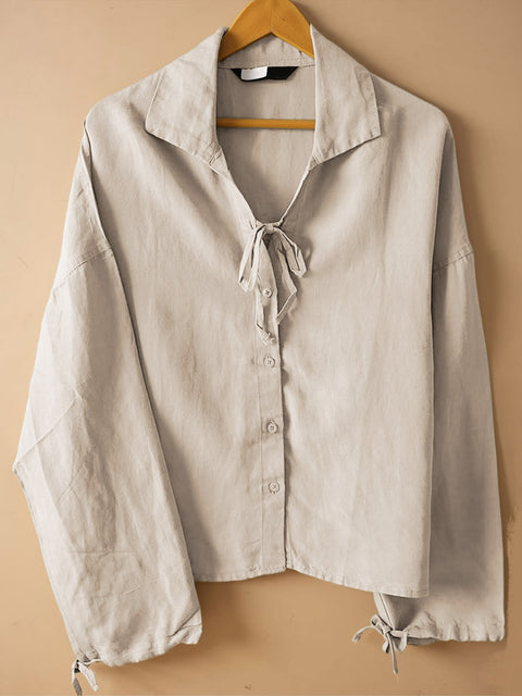 Women's Solid Color Lapel Tie-Neck Long Sleeve Casual Cotton and Linen Shirt