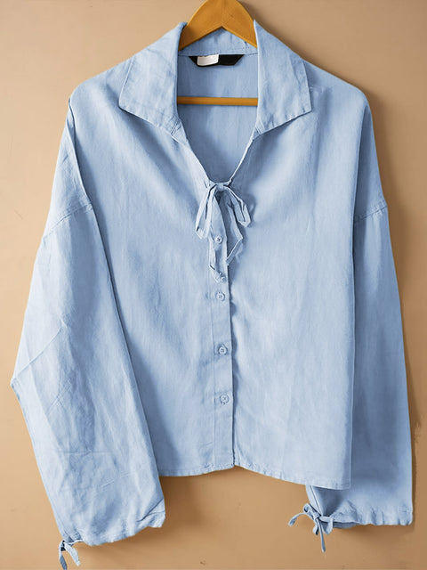Women's Solid Color Lapel Tie-Neck Long Sleeve Casual Cotton and Linen Shirt