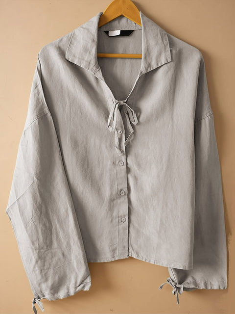 Women's Solid Color Lapel Tie-Neck Long Sleeve Casual Cotton and Linen Shirt