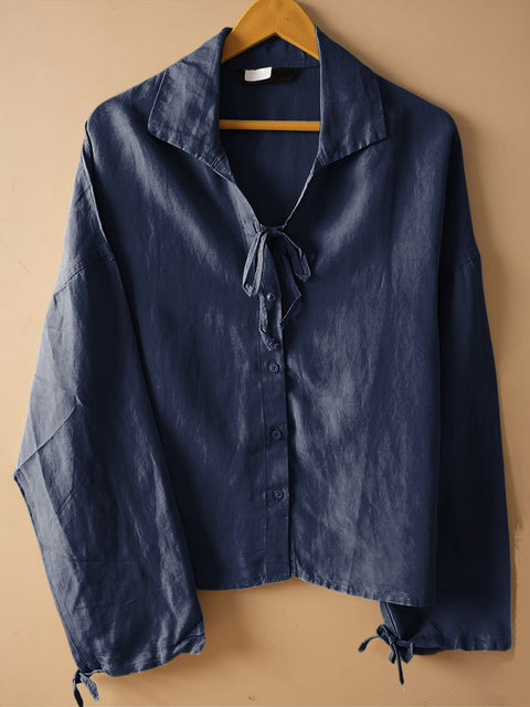Women's Solid Color Lapel Tie-Neck Long Sleeve Casual Cotton and Linen Shirt