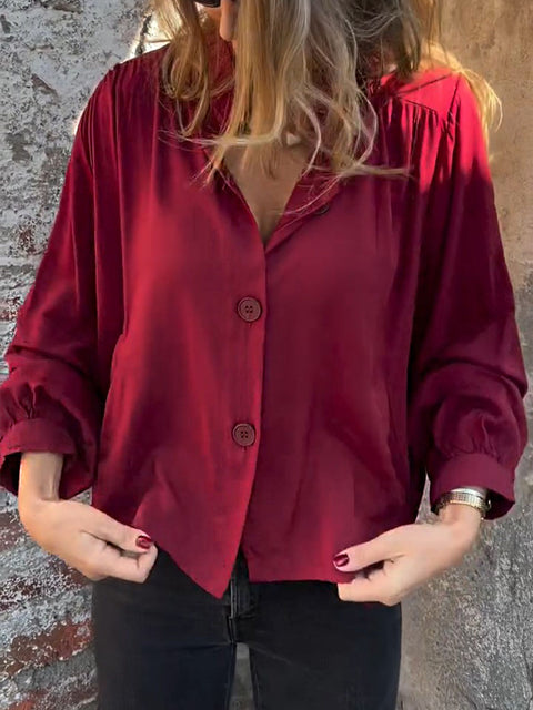Women's Solid Color Stand Collar Long Sleeve Casual Cotton and Linen Shirt