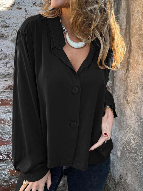 Women's Solid Color Stand Collar Long Sleeve Casual Cotton and Linen Shirt