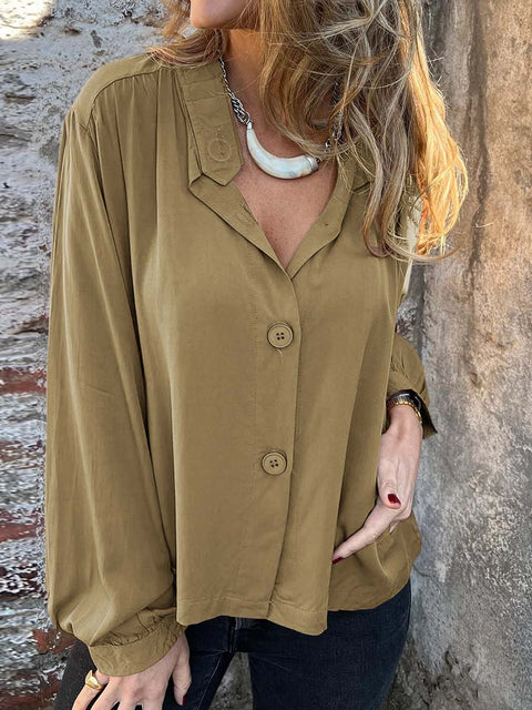 Women's Solid Color Stand Collar Long Sleeve Casual Cotton and Linen Shirt