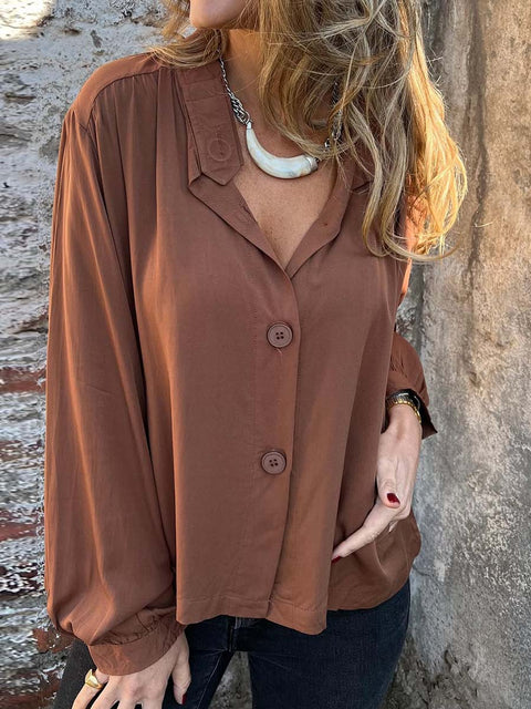 Women's Solid Color Stand Collar Long Sleeve Casual Cotton and Linen Shirt