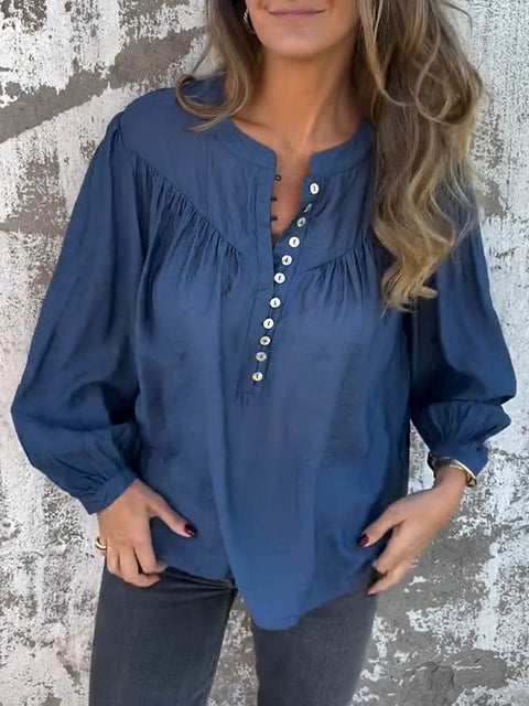 Women's Stand Collar Long Sleeve Solid Color Casual Cotton and Linen Top