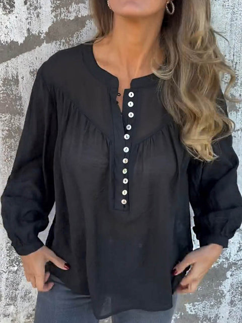 Women's Stand Collar Long Sleeve Solid Color Casual Cotton and Linen Top