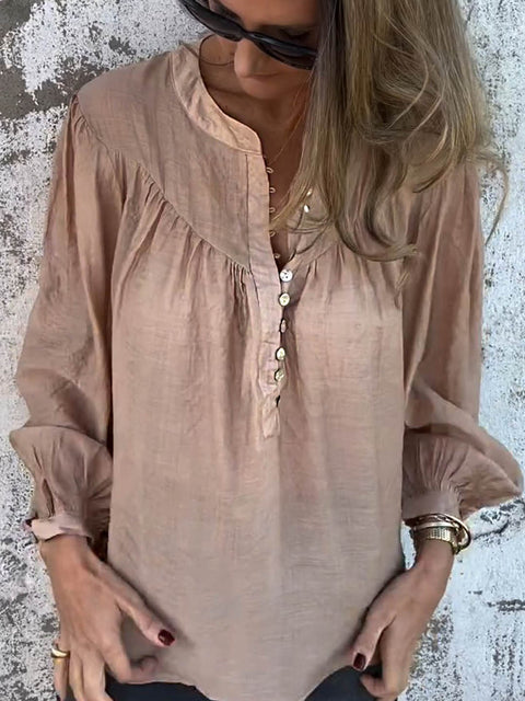 Women's Stand Collar Long Sleeve Solid Color Casual Cotton and Linen Top