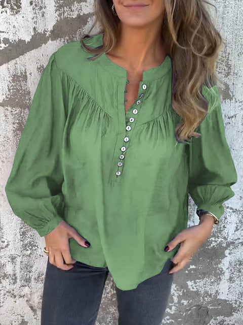 Women's Stand Collar Long Sleeve Solid Color Casual Cotton and Linen Top