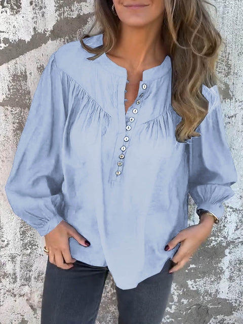 Women's Stand Collar Long Sleeve Solid Color Casual Cotton and Linen Top