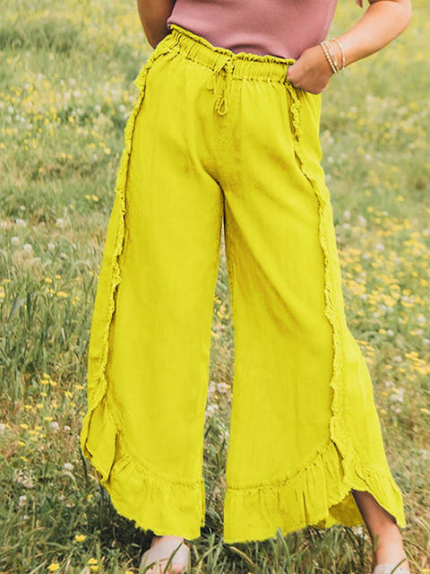 Women's Elastic Waist Solid Color Ruffle Casual Cotton and Linen Wide-Leg Pants