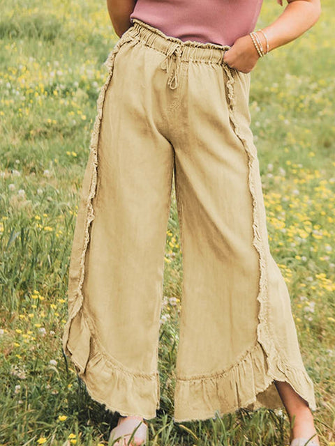 Women's Elastic Waist Solid Color Ruffle Casual Cotton and Linen Wide-Leg Pants