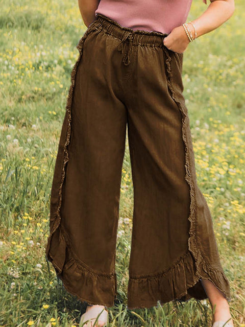 Women's Elastic Waist Solid Color Ruffle Casual Cotton and Linen Wide-Leg Pants