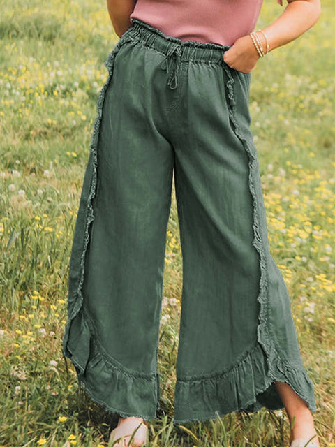 Women's Elastic Waist Solid Color Ruffle Casual Cotton and Linen Wide-Leg Pants