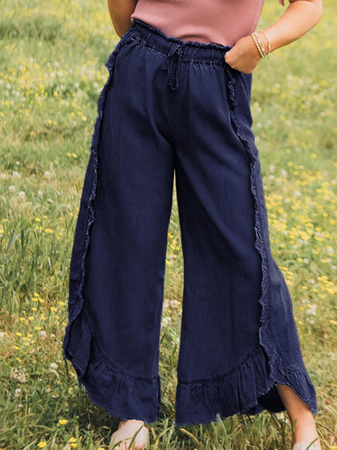 Women's Elastic Waist Solid Color Ruffle Casual Cotton and Linen Wide-Leg Pants
