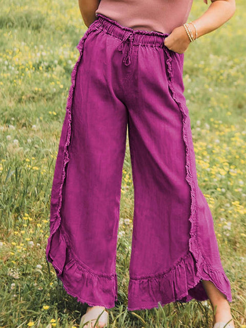 Women's Elastic Waist Solid Color Ruffle Casual Cotton and Linen Wide-Leg Pants