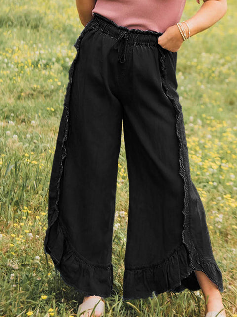 Women's Elastic Waist Solid Color Ruffle Casual Cotton and Linen Wide-Leg Pants