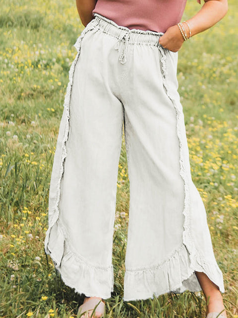 Women's Elastic Waist Solid Color Ruffle Casual Cotton and Linen Wide-Leg Pants