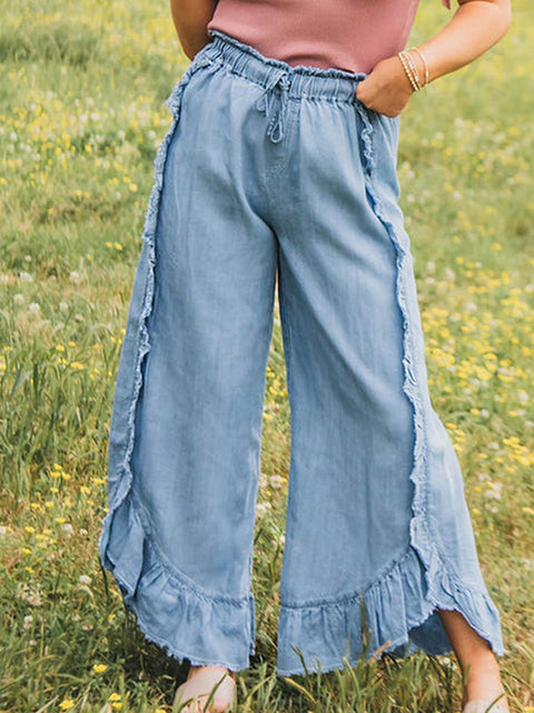 Women's Elastic Waist Solid Color Ruffle Casual Cotton and Linen Wide-Leg Pants