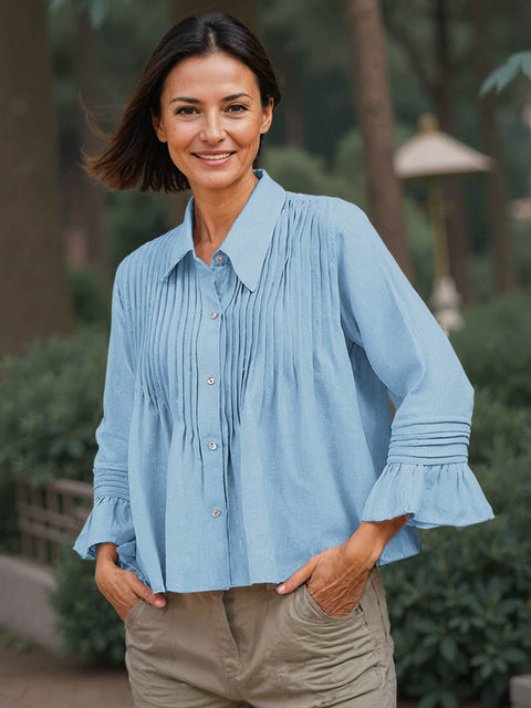 Women's Shirt Collar Long Sleeve Solid Color Pleated Casual Cotton and Linen Loose Shirt