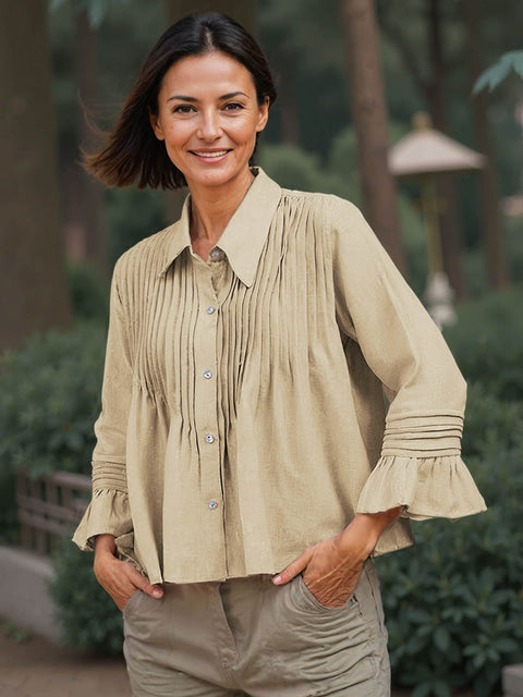 Women's Shirt Collar Long Sleeve Solid Color Pleated Casual Cotton and Linen Loose Shirt