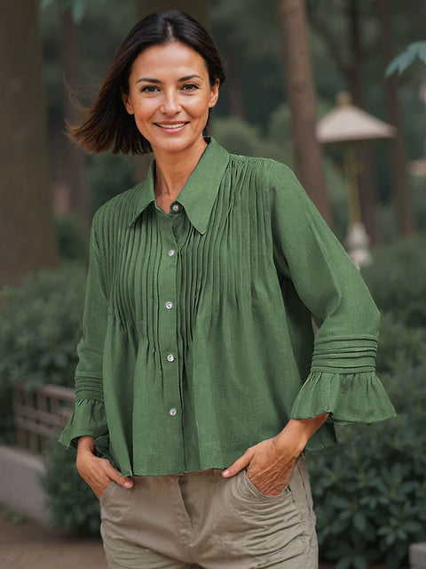 Women's Shirt Collar Long Sleeve Solid Color Pleated Casual Cotton and Linen Loose Shirt