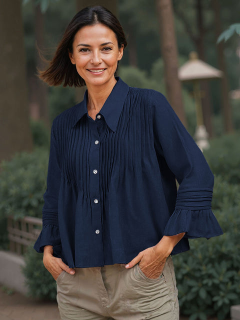 Women's Shirt Collar Long Sleeve Solid Color Pleated Casual Cotton and Linen Loose Shirt