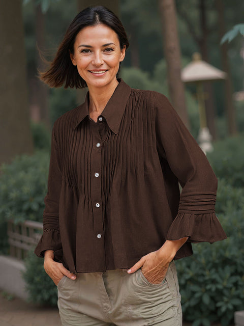 Women's Shirt Collar Long Sleeve Solid Color Pleated Casual Cotton and Linen Loose Shirt