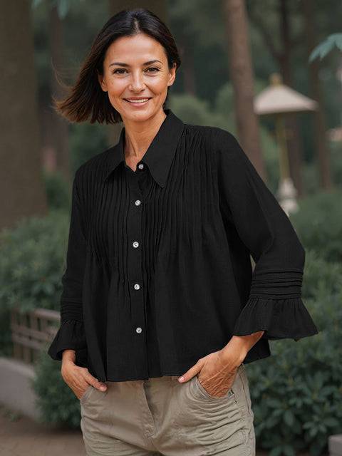 Women's Shirt Collar Long Sleeve Solid Color Pleated Casual Cotton and Linen Loose Shirt
