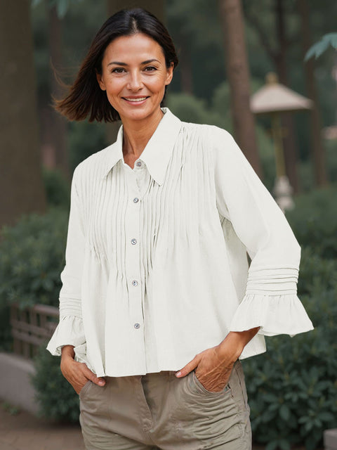 Women's Shirt Collar Long Sleeve Solid Color Pleated Casual Cotton and Linen Loose Shirt