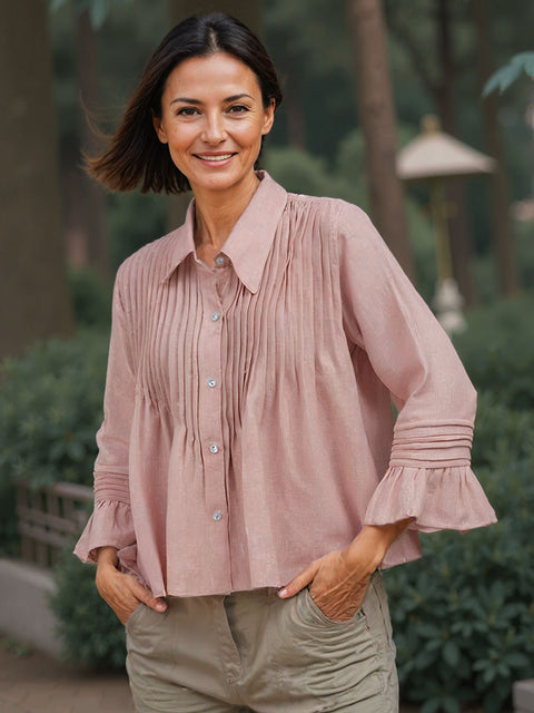 Women's Shirt Collar Long Sleeve Solid Color Pleated Casual Cotton and Linen Loose Shirt