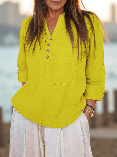 Women's V-neck Long Sleeve Solid Color Casual Cotton and Linen Loose Shirt