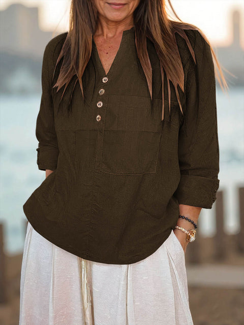 Women's V-neck Long Sleeve Solid Color Casual Cotton and Linen Loose Shirt