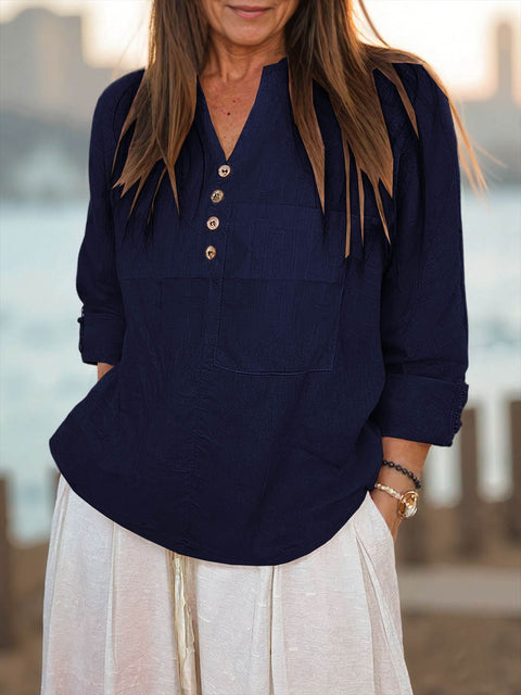 Women's V-neck Long Sleeve Solid Color Casual Cotton and Linen Loose Shirt