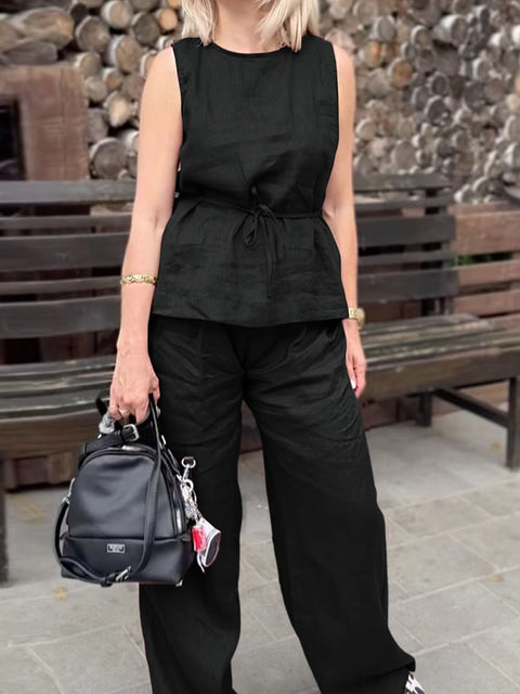 Women's Round Neck Sleeveless Solid Color Casual Cotton and Linen Vest Top with Elastic Waist Casual Cotton and Linen Wide-Leg Pants Set