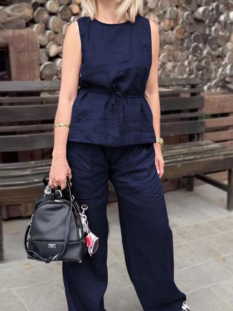 Women's Round Neck Sleeveless Solid Color Casual Cotton and Linen Vest Top with Elastic Waist Casual Cotton and Linen Wide-Leg Pants Set